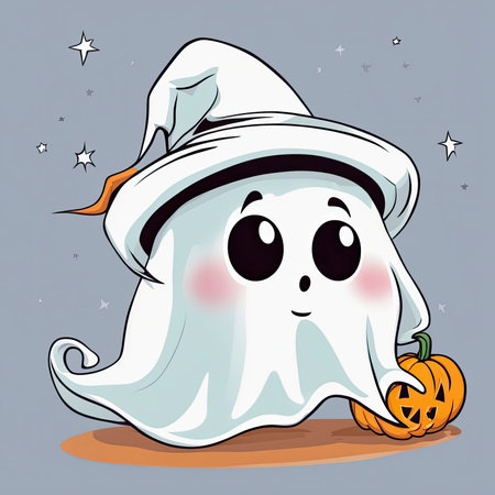 Illustration of a cute ghost with a pumpkin on a gray backgroundの素材