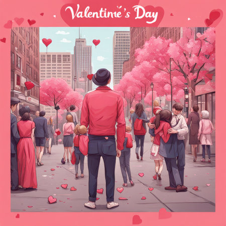 Valentine's day greeting card with people walking in the cityの素材
