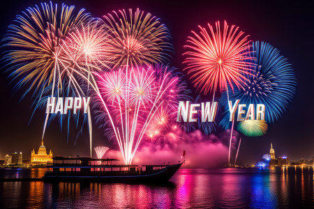 Happy new year 2016 and fireworks over Chao Phraya river, Bangkok, Thailandの素材