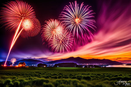 Colorful firework show for celebration happy new year and merry christmasの素材