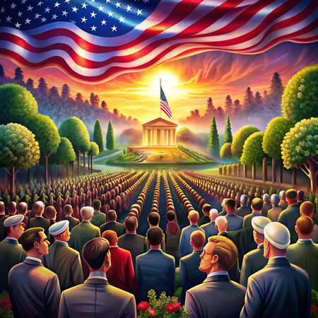 Patriotic background with crowd of people and american flag.の素材