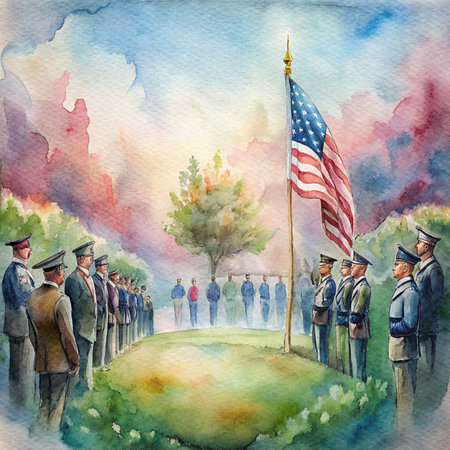 Watercolor painting of a group of soldiers with the american flagの素材