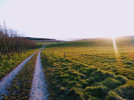 sunset over grass lined road over looking the riverの写真素材