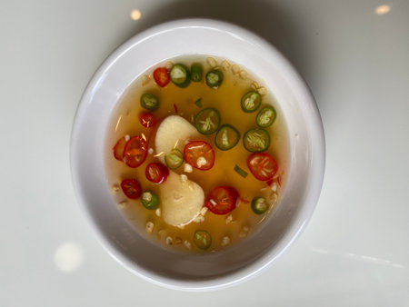 Thai spicy soup in a white bowl on the white table.の写真素材