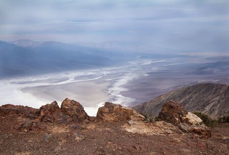 Panoramic view on Badwater salt flats from Black Mountains Dantes View. Death Valley, Californiaの写真素材