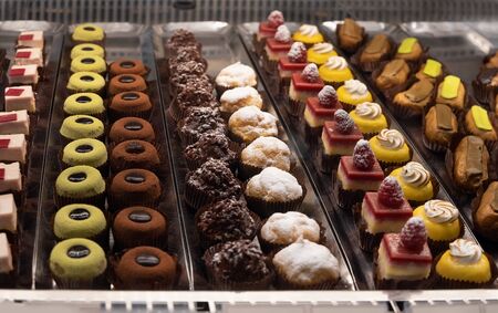 Display with delicious colourful pastries.