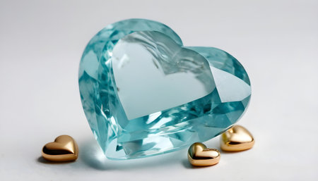 Heart-shaped blue gemstone with gold hearts on white background.の素材