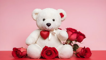 White teddy bear with red roses on pink background. Valentines day concept.の素材