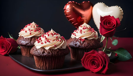 Valentine's day cupcakes with red heart-shaped balloonsの素材