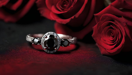 wedding rings with red roses on black background, closeupの素材