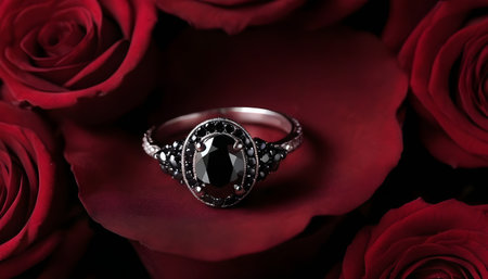 Close up of diamond ring with red roses on black background, valentines day conceptの素材