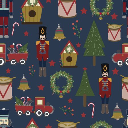 Vector blue seamless pattern background with Christmas icons.のイラスト素材