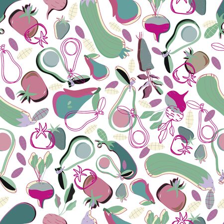 Vector seamless pattern with pumpkins, pears, turnips and tomatoes.のイラスト素材