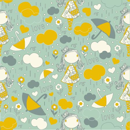 Vector seamless pattern with a girl, clouds, umbrellas and rain.のイラスト素材