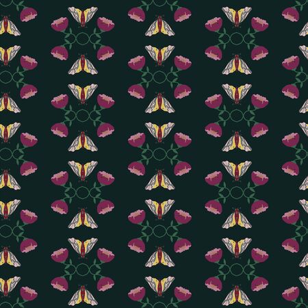 Vector seamless pattern background with moths and flowers. Green background.
