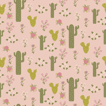 Vector seamless pattern with flowers and succulents. Pink background.