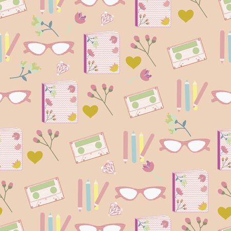 Vector seamless pattern background with glasses, books and tapes.Pink background.