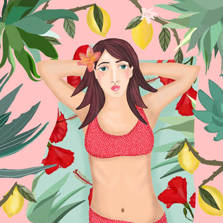 illustration with a girl in a tropical background.の写真素材