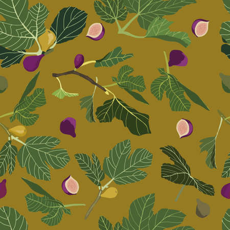 vector seamless pattern with figs in a yellow background.のイラスト素材