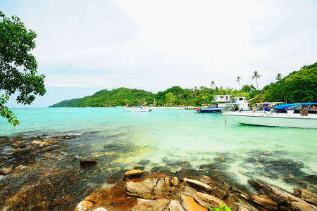 Ship in the clear sea Phuket Thailandの写真素材