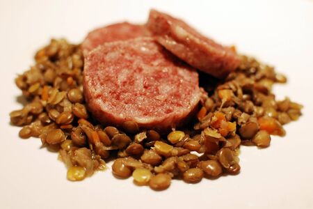 Pork sausage with lentilsの写真素材
