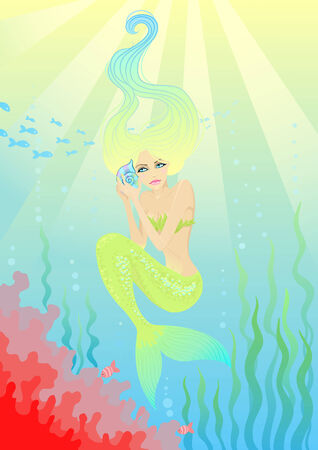 Beautiful mermaid with Shell in hands. Vector illustrationのイラスト素材