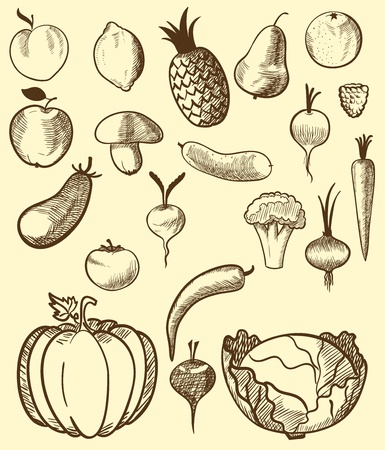 Fruit and vegetables in retro style. Vector illustrationのイラスト素材