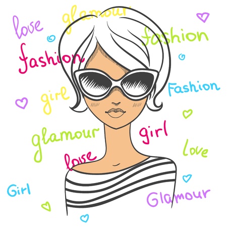 Fashionable girl in sunglasses. Drawn by hand. のイラスト素材