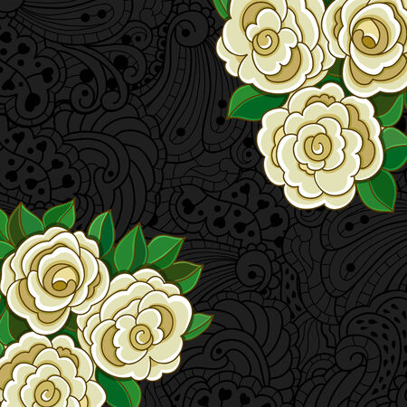 Background with white roses and leaves. Vector illustrationのイラスト素材