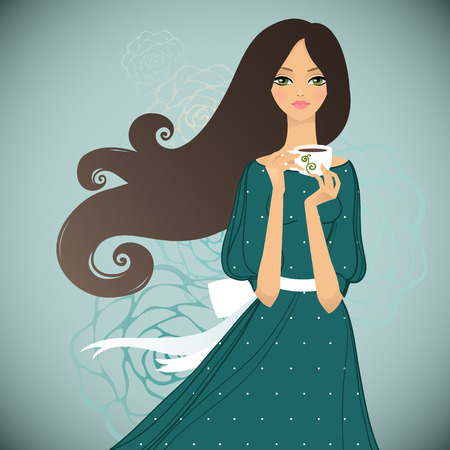 Girl with cup of tea on floral background. Vector illustrationのイラスト素材