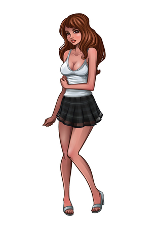 Beautiful brunette in white T-shirt and mini skirt. Vector illustrationのイラスト素材