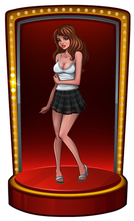 Beautiful brunette in white T-shirt and mini skirt on scene. Vector illustrationのイラスト素材