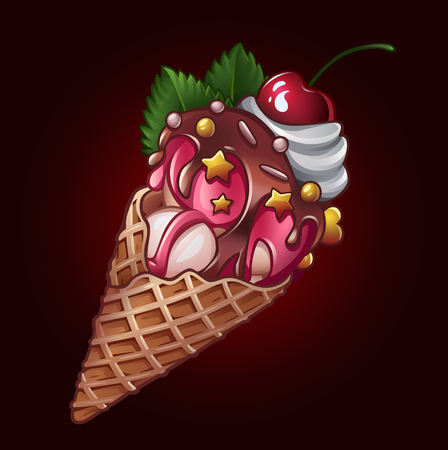 Yummy Ice Cream cone isolated on dark. Vector illustrationのイラスト素材