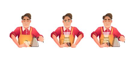 Barista coffee Men concocting drinks with red cloth recipes - cartoon vector illustrationのイラスト素材