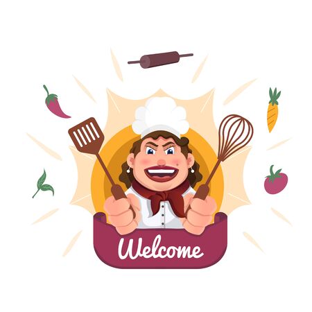 A Woman chef in white clothes with food ingredientsのイラスト素材