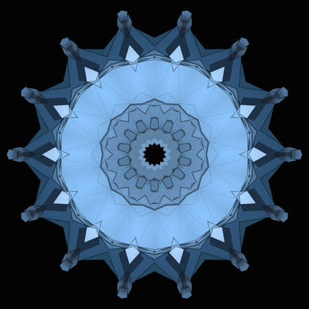 Abstract circular blue pattern on a black background. Geometric kaleidoscope pattern.