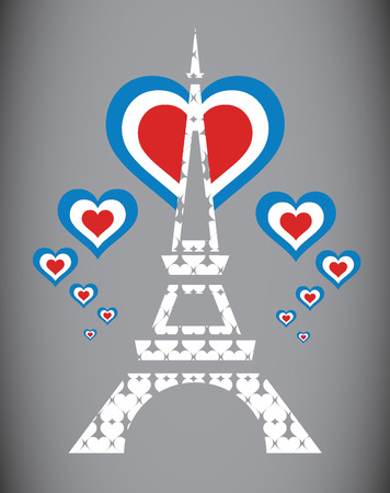 Heart French flag on the white Eiffel Tower in Paris, France.のイラスト素材
