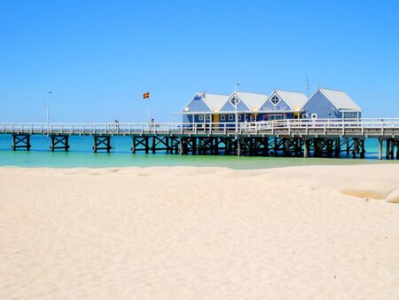 Busselton, Western Australia - January 13: Busselton Jetty on a sunny day with tourists in front of souvenir shop in Busselton on January 13, 2016のeditorial素材