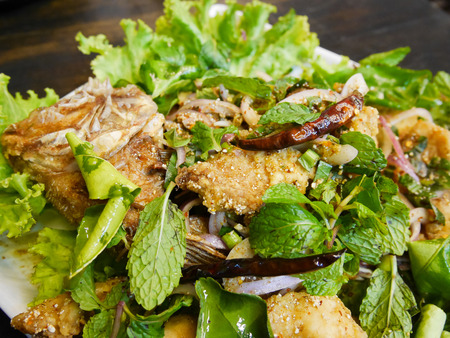 Delicious spicy fish salad. Thai food.の写真素材