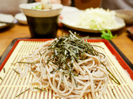 Zaru soba or cold soba noodles with seaweed on top. Japanese food.の写真素材