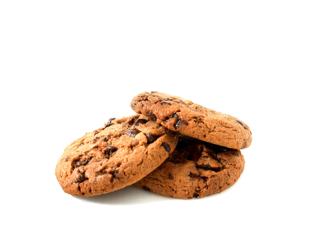 Pile of chocolate chip cookies isolated on white background