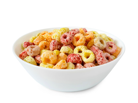 Colorful fruity breakfast cereal in a bowl isolated on white