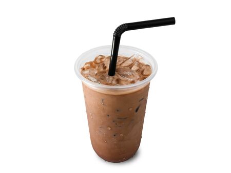 Iced chocolate in takeaway cup isolated on whiteの写真素材