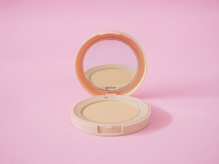 Face powder in beige case on pink background. Powder foundation, compact powder make-up.の写真素材