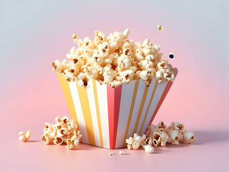 Popcorn in a striped box on a pink background. 3d rendering.generated aiの素材