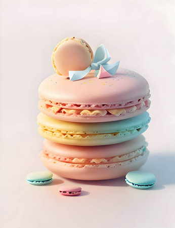 Macaroon with blue bow on white background. 3d rendering. generated aiの素材