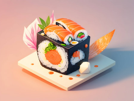 Sushi roll with salmon, cucumber, cheese and caviar. 3d rendering. generated aiの素材