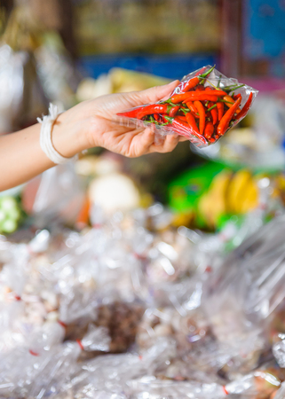 Woman holding fresh chili peppers in her hand の写真素材