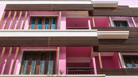 Windows and verandahs of condominium.の写真素材