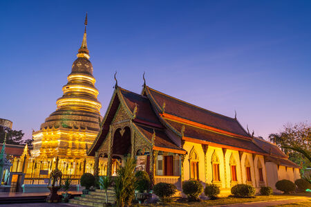 Wat phra that hariphunchai was a measure of the Lamphun,Thailand at Twilight Time の写真素材